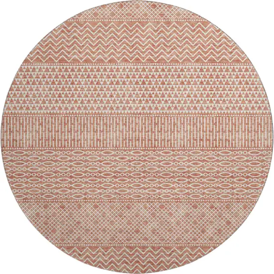 8' Salmon And Ivory Striped Washable Round Rug With UV Protection Photo 1