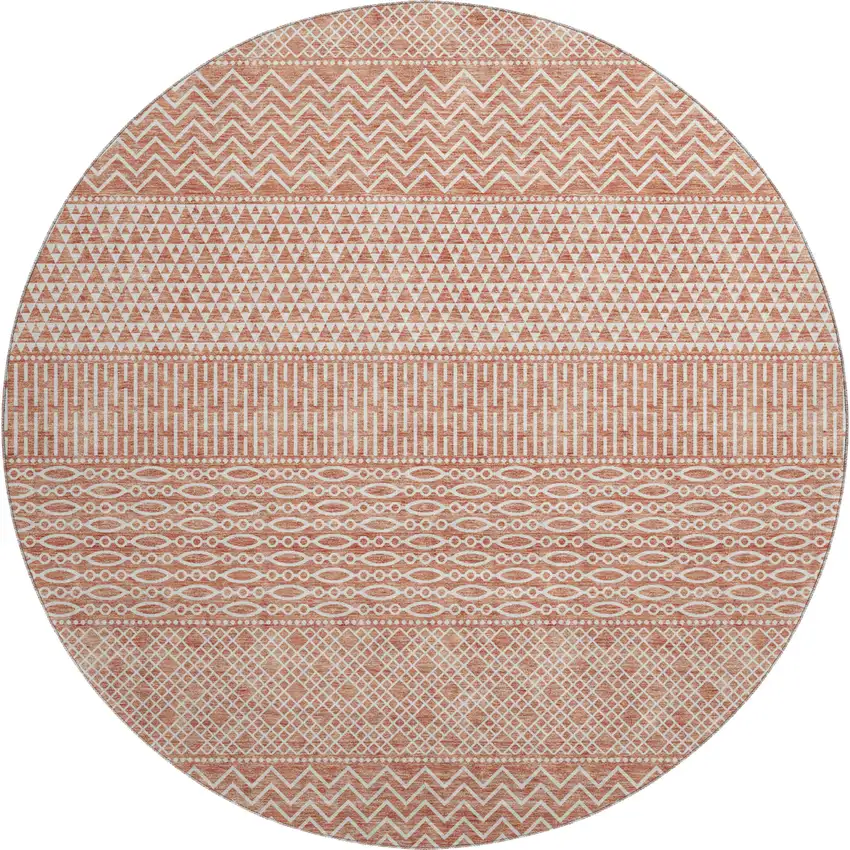 8' Salmon And Ivory Striped Washable Round Rug With UV Protection Photo 1