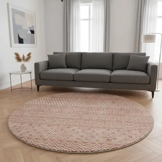 8' Salmon And Ivory Striped Washable Round Rug With UV Protection Photo 2