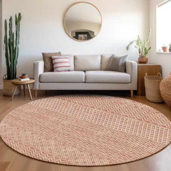 8' Salmon And Ivory Striped Washable Round Rug With UV Protection Photo 4