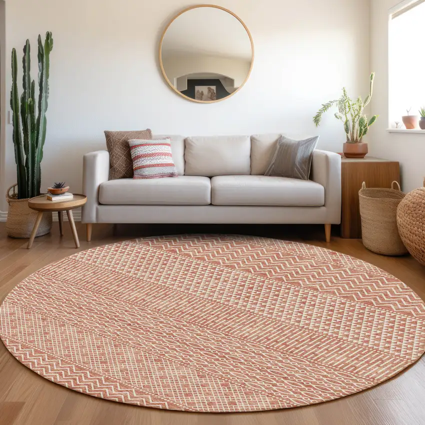 8' Salmon And Ivory Striped Washable Round Rug With UV Protection Photo 4