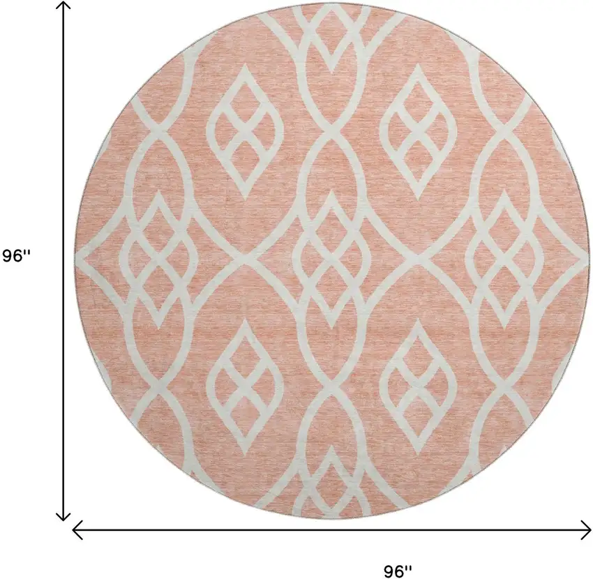 8' Salmon And Ivory Trellis Washable Round Rug With UV Protection Photo 8