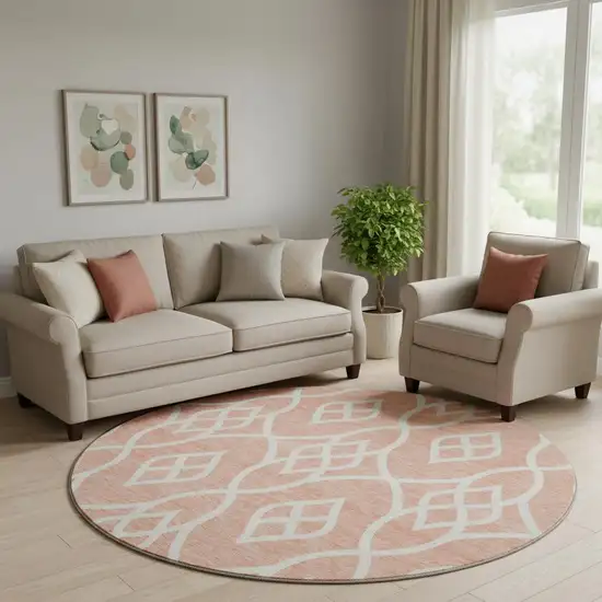 8' Salmon And Ivory Trellis Washable Round Rug With UV Protection Photo 1