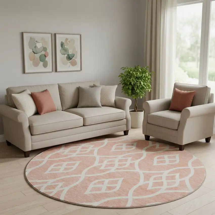 8' Salmon And Ivory Trellis Washable Round Rug With UV Protection Photo 1