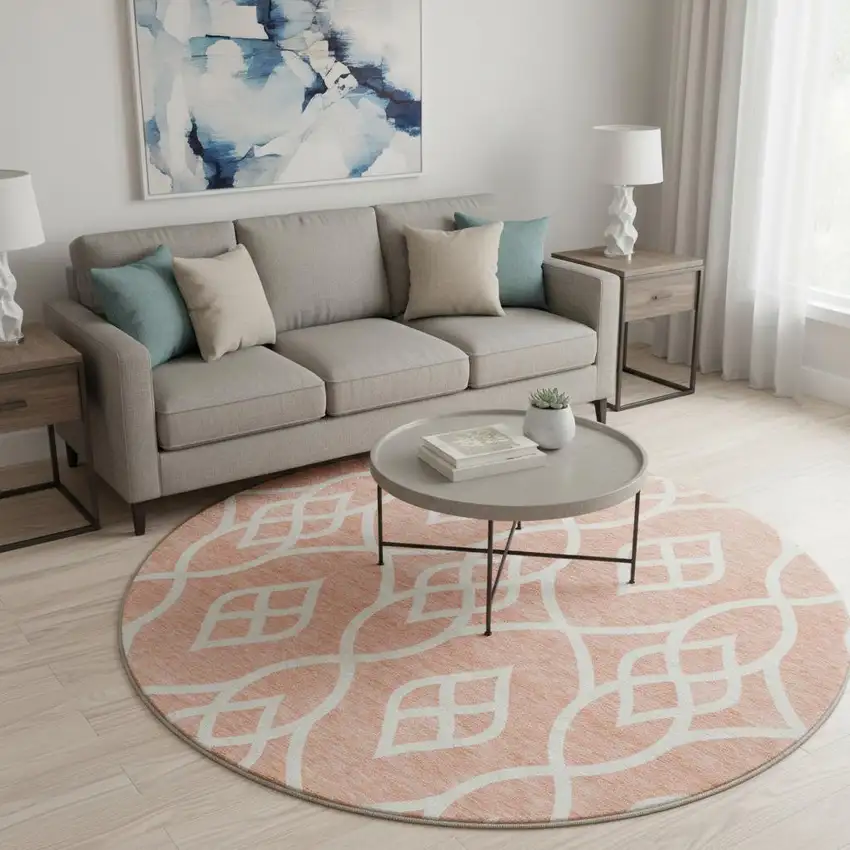 8' Salmon And Ivory Trellis Washable Round Rug With UV Protection Photo 2