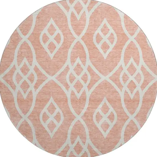 8' Salmon And Ivory Trellis Washable Round Rug With UV Protection Photo 4