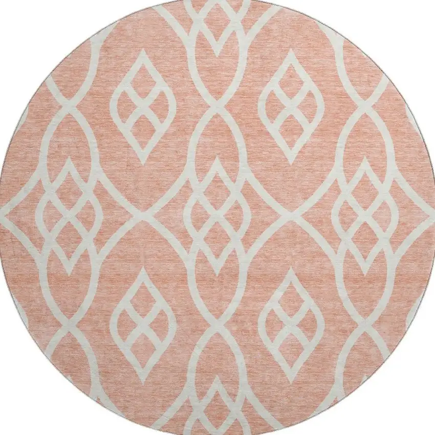 8' Salmon And Ivory Trellis Washable Round Rug With UV Protection Photo 4