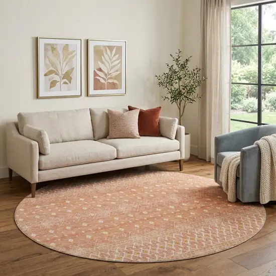 8' Salmon And Ivory Tribal Washable Round Rug With UV Protection Photo 1