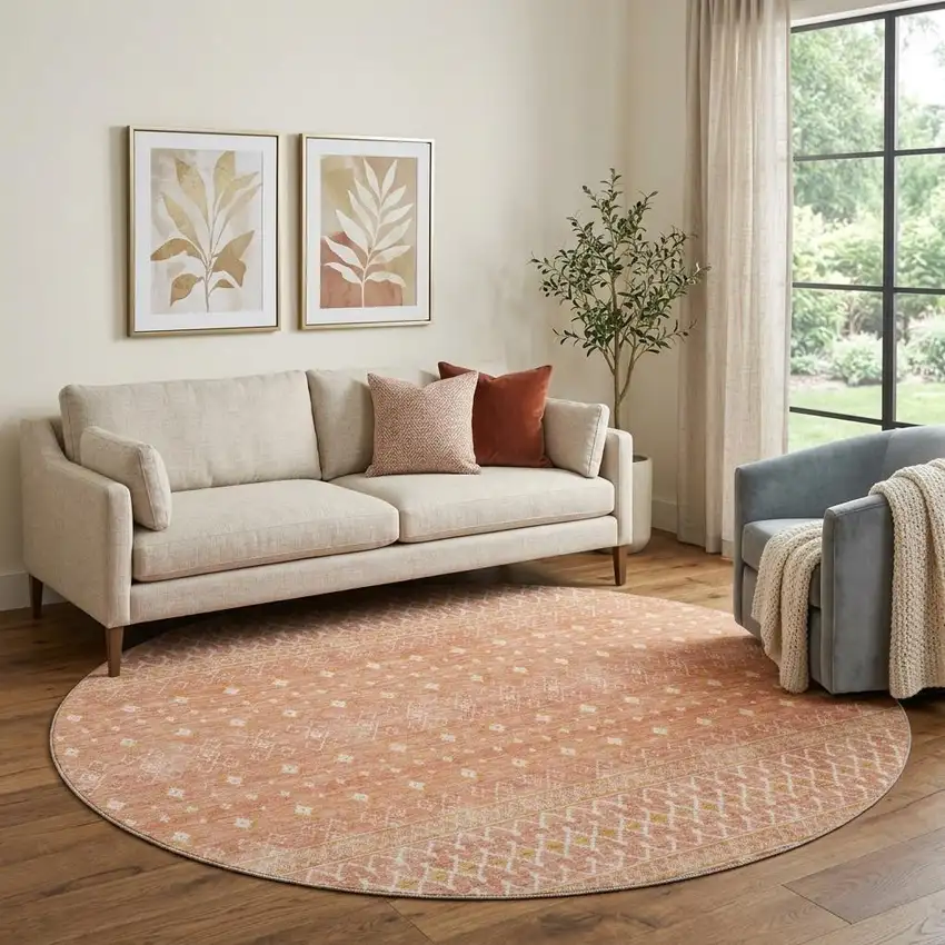 8' Salmon And Ivory Tribal Washable Round Rug With UV Protection Photo 1