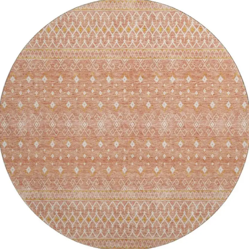 8' Salmon And Ivory Tribal Washable Round Rug With UV Protection Photo 5
