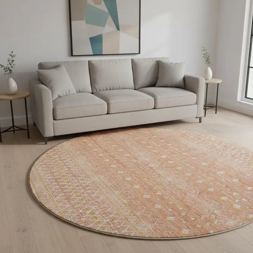 8' Salmon And Ivory Tribal Washable Round Rug With UV Protection Photo 3