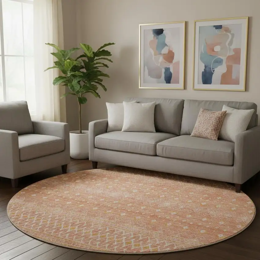 8' Salmon And Ivory Tribal Washable Round Rug With UV Protection Photo 1