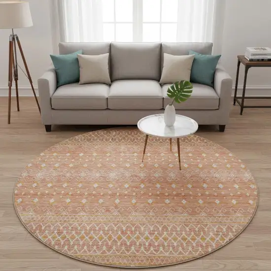 8' Salmon And Ivory Tribal Washable Round Rug With UV Protection Photo 2