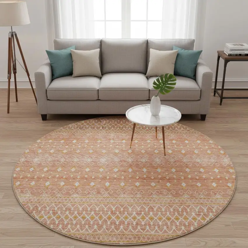 8' Salmon And Ivory Tribal Washable Round Rug With UV Protection Photo 2