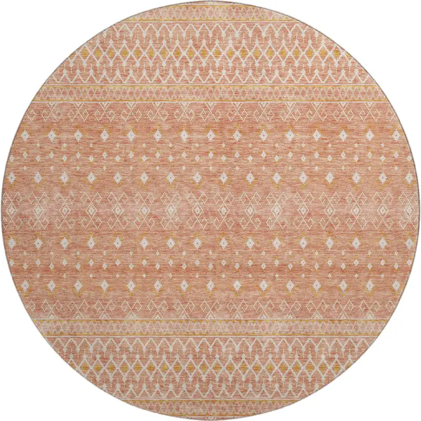8' Salmon And Ivory Tribal Washable Round Rug With UV Protection Photo 1