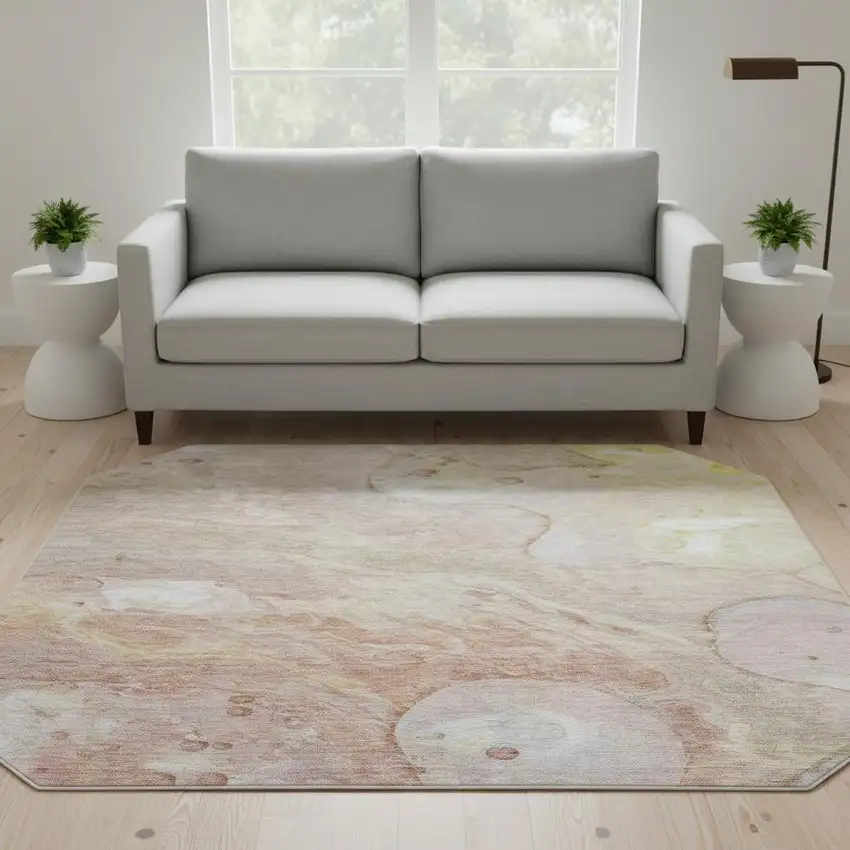 8' Salmon And Lavender Abstract Washable Round Rug With UV Protection Photo 2