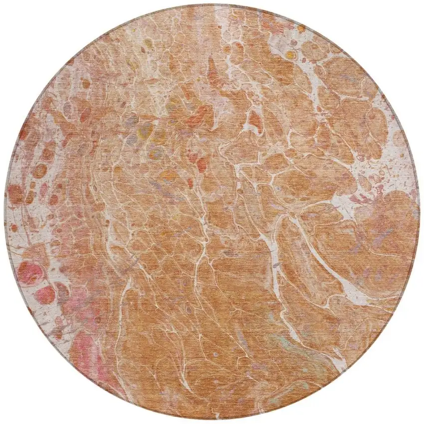 8' Salmon And Orange Round Abstract Washable Indoor Outdoor Area Rug Photo 4