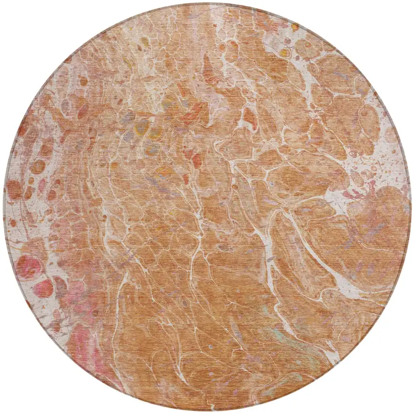 8' Salmon And Orange Round Abstract Washable Indoor Outdoor Area Rug Photo 2