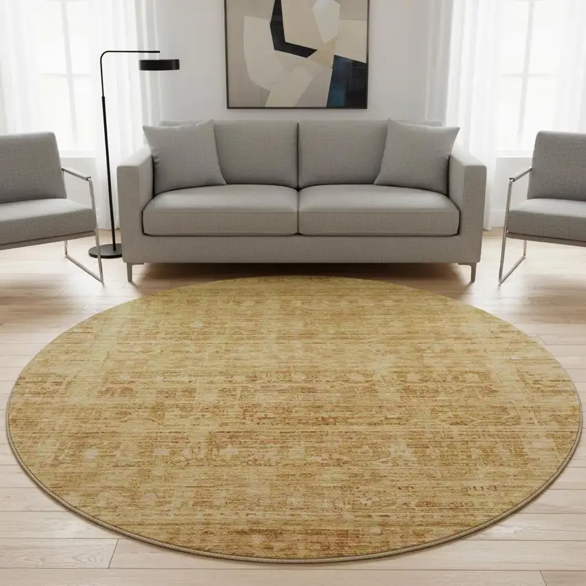 8' Salmon And Peach Oriental Washable Round Rug With UV Protection Photo 2