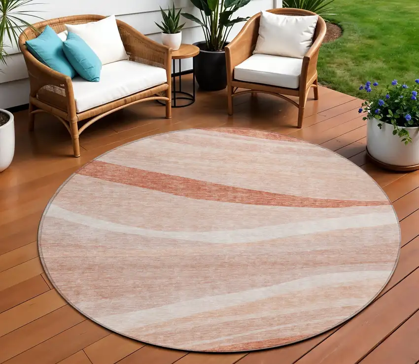 8' Salmon And Pink Round Abstract Washable Indoor Outdoor Area Rug Photo 1