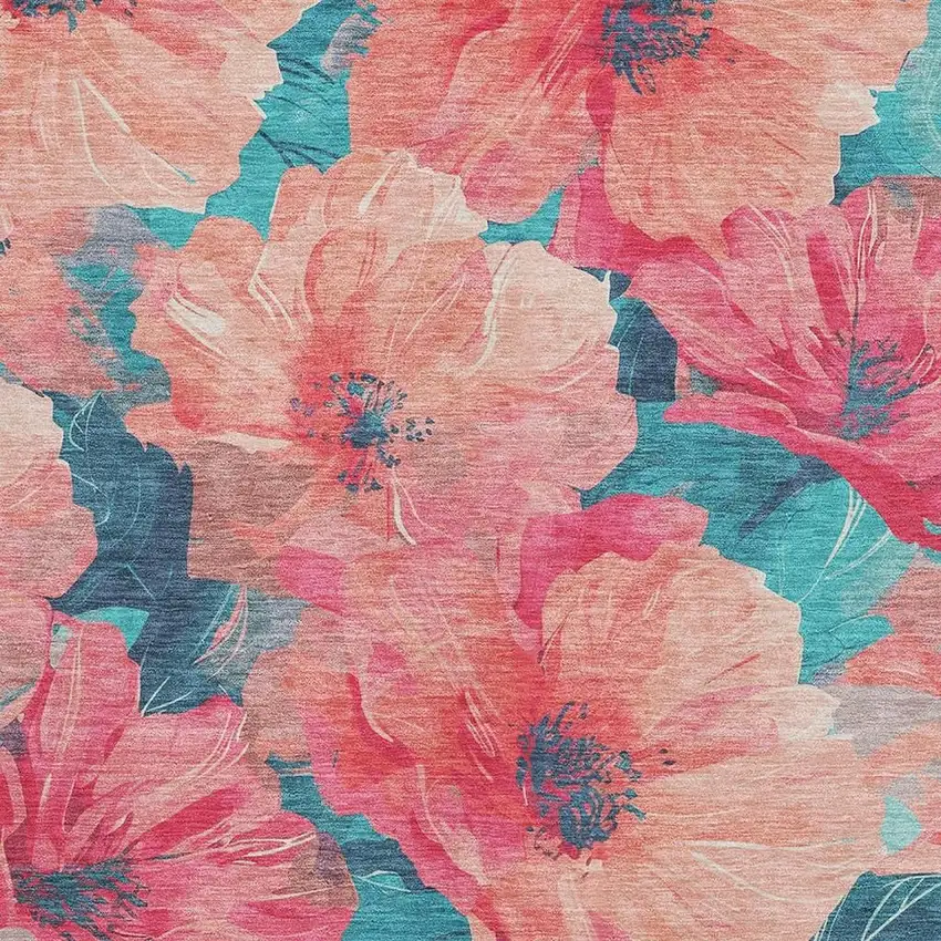 8' Salmon And Teal Floral Washable Area Rug With UV Protection Photo 2