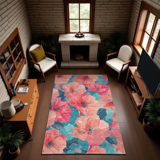 8' Salmon And Teal Floral Washable Area Rug With UV Protection Photo 4