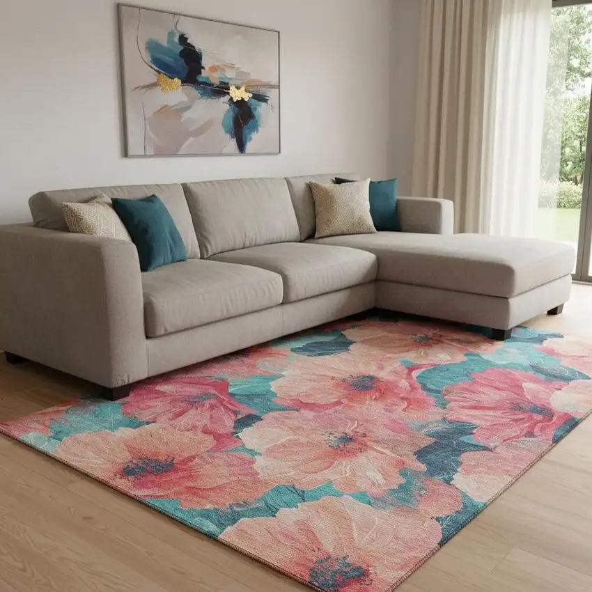8' Salmon And Teal Floral Washable Area Rug With UV Protection Photo 2