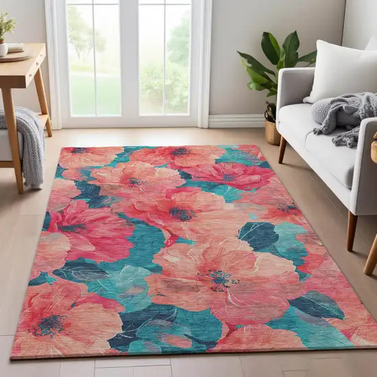 8' Salmon And Teal Floral Washable Area Rug With UV Protection Photo 5