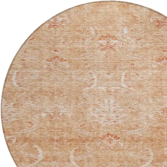 8' Salmon And Terra Cotta Round Damask Washable Indoor Outdoor Area Rug Photo 5