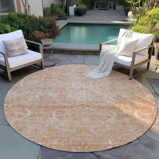 8' Salmon And Terra Cotta Round Damask Washable Indoor Outdoor Area Rug Photo 7