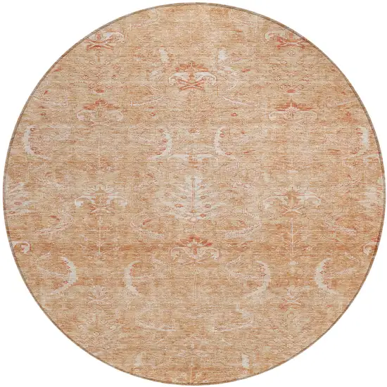 8' Salmon And Terra Cotta Round Damask Washable Indoor Outdoor Area Rug Photo 2