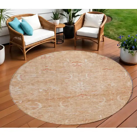 8' Salmon And Terra Cotta Round Damask Washable Indoor Outdoor Area Rug Photo 1