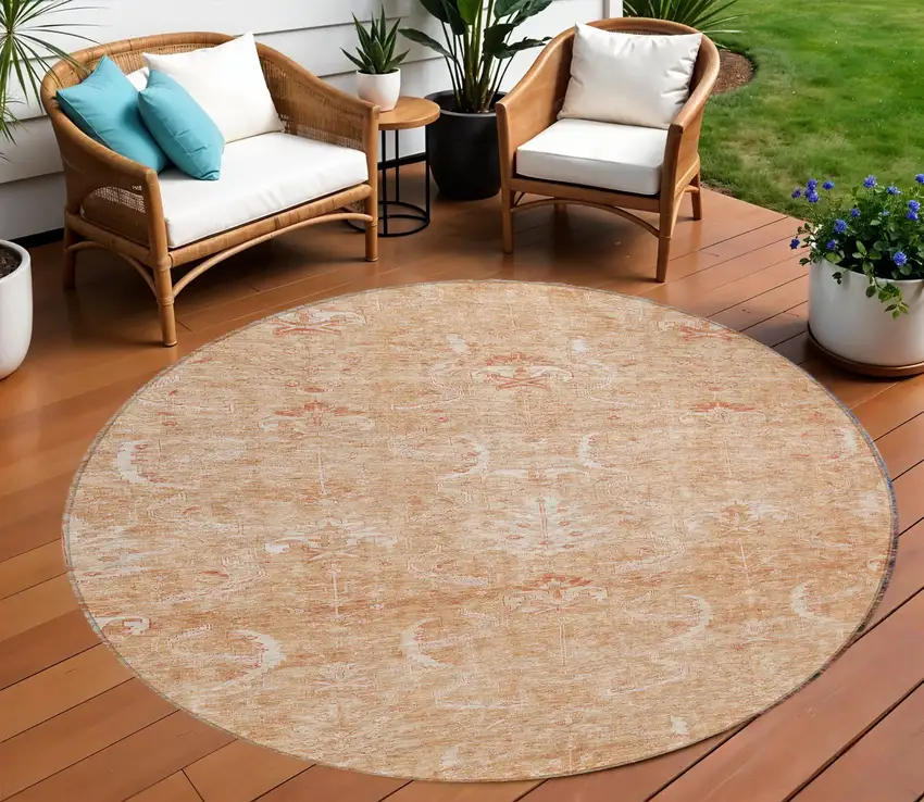 8' Salmon And Terra Cotta Round Damask Washable Indoor Outdoor Area Rug Photo 1