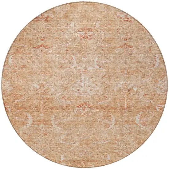 8' Salmon And Terra Cotta Round Damask Washable Indoor Outdoor Area Rug Photo 6
