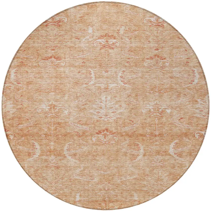 8' Salmon And Terra Cotta Round Damask Washable Indoor Outdoor Area Rug Photo 6