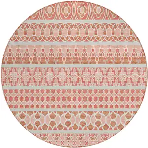 Photo of 8' Salmon Beige And Copper Round Quatrefoil Washable Indoor Outdoor Area Rug