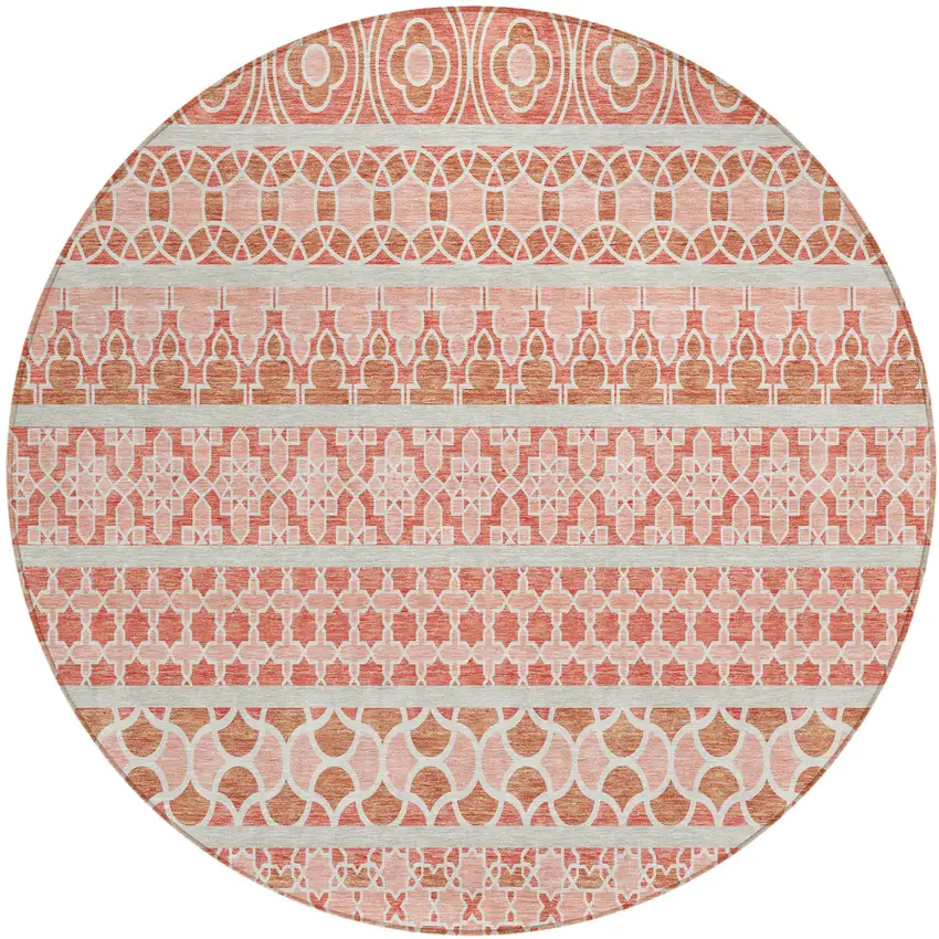 8' Salmon Beige And Copper Round Quatrefoil Washable Indoor Outdoor Area Rug Photo 1
