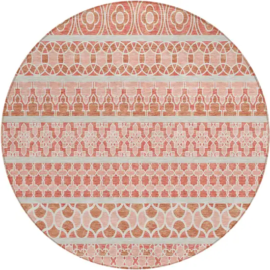 8' Salmon Beige And Copper Round Quatrefoil Washable Indoor Outdoor Area Rug Photo 1