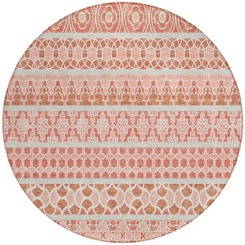8' Salmon Beige And Copper Round Quatrefoil Washable Indoor Outdoor Area Rug Photo 6