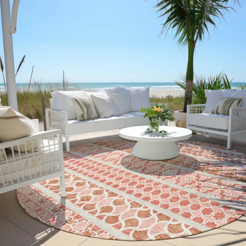 8' Salmon Beige And Copper Round Quatrefoil Washable Indoor Outdoor Area Rug Photo 7