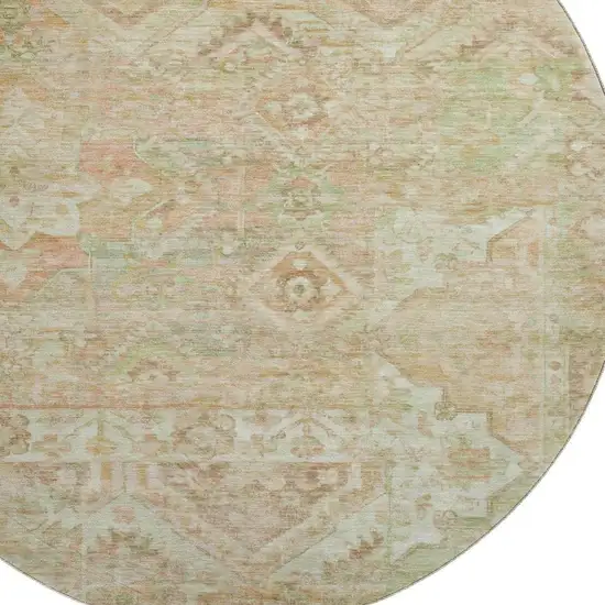 8' Salmon Beige And Coral Floral Washable Round Rug With UV Protection Photo 2