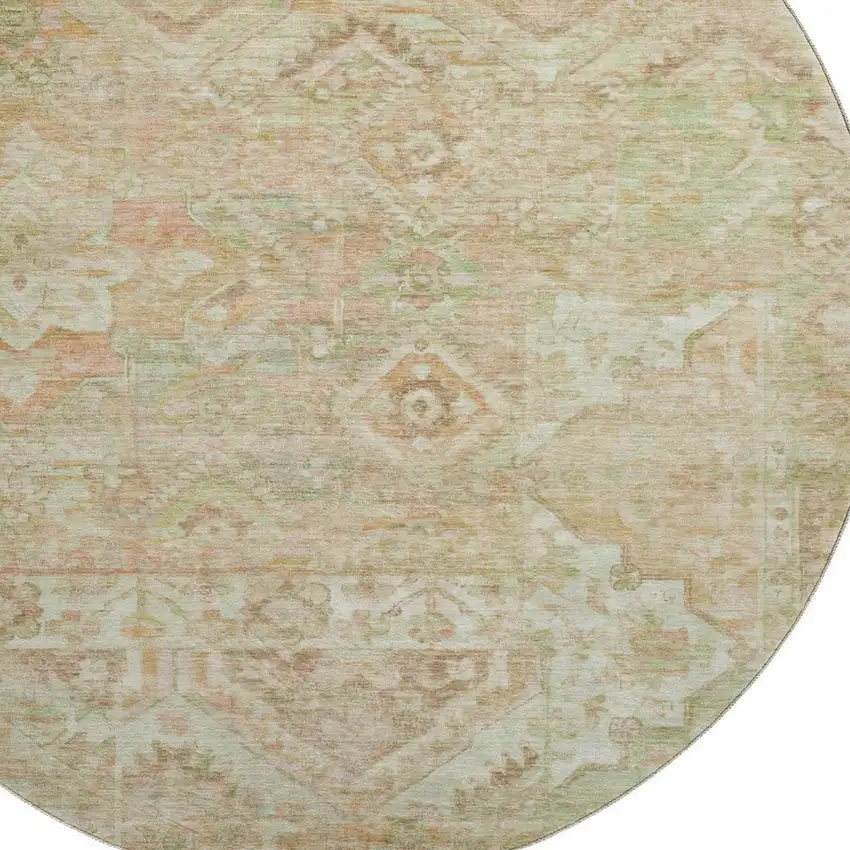 8' Salmon Beige And Coral Floral Washable Round Rug With UV Protection Photo 2