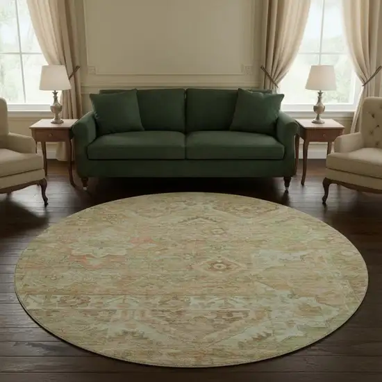 8' Salmon Beige And Coral Floral Washable Round Rug With UV Protection Photo 2