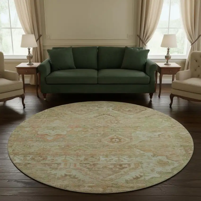 8' Salmon Beige And Coral Floral Washable Round Rug With UV Protection Photo 2