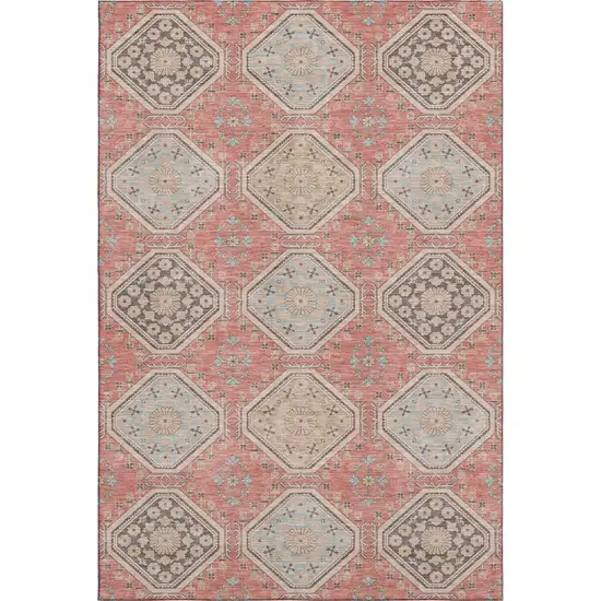 8' Salmon Beige And Gray Floral Washable Area Rug With UV Protection Photo 1