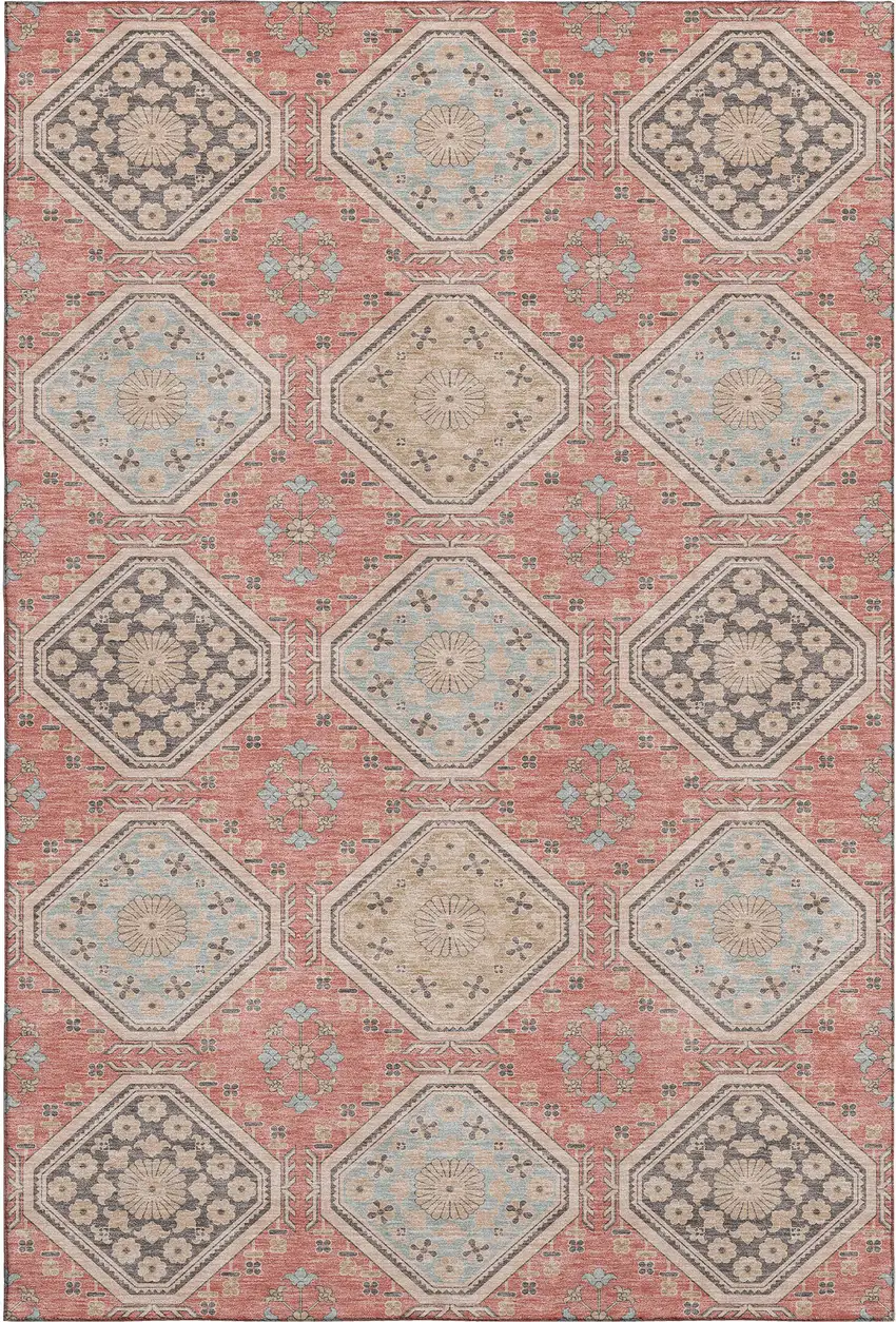 8' Salmon Beige And Gray Floral Washable Area Rug With UV Protection Photo 1