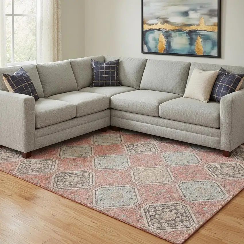 8' Salmon Beige And Gray Floral Washable Area Rug With UV Protection Photo 2