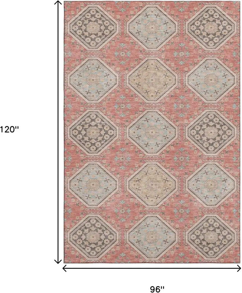 8' Salmon Beige And Gray Floral Washable Area Rug With UV Protection Photo 8