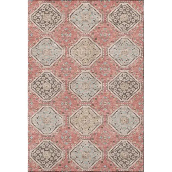 8' Salmon Beige And Gray Floral Washable Area Rug With UV Protection Photo 4