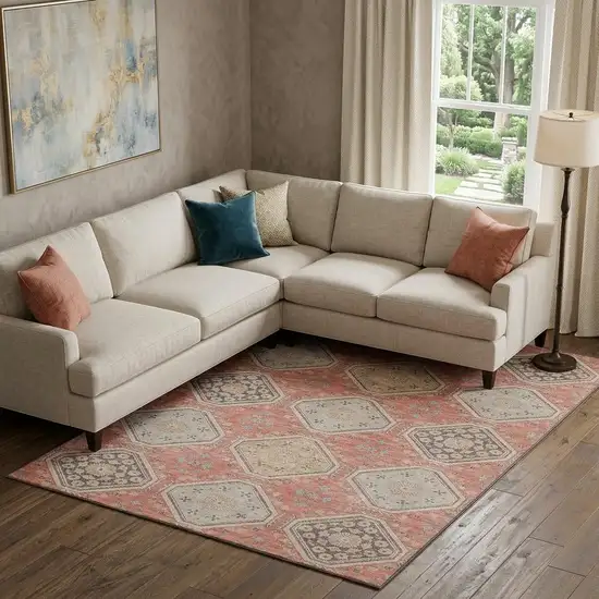 8' Salmon Beige And Gray Floral Washable Area Rug With UV Protection Photo 1